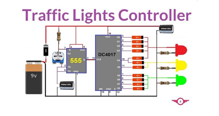 Traffic Lights Controller Using IC555 and CD4017