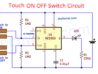 Touch lamp switch Circuit Using Timer IC 555