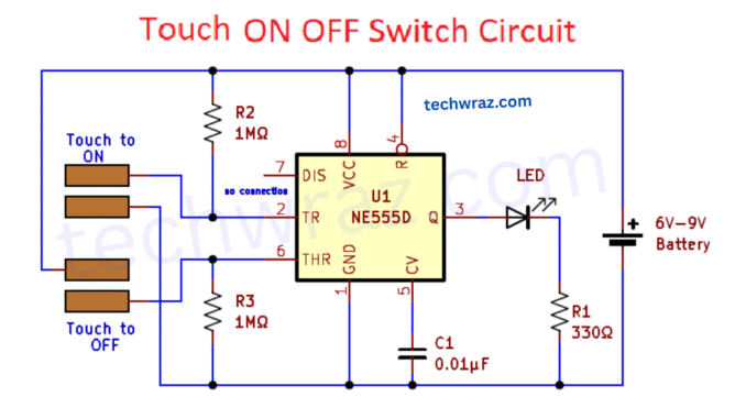 Touch lamp switch Circuit Using Timer IC 555