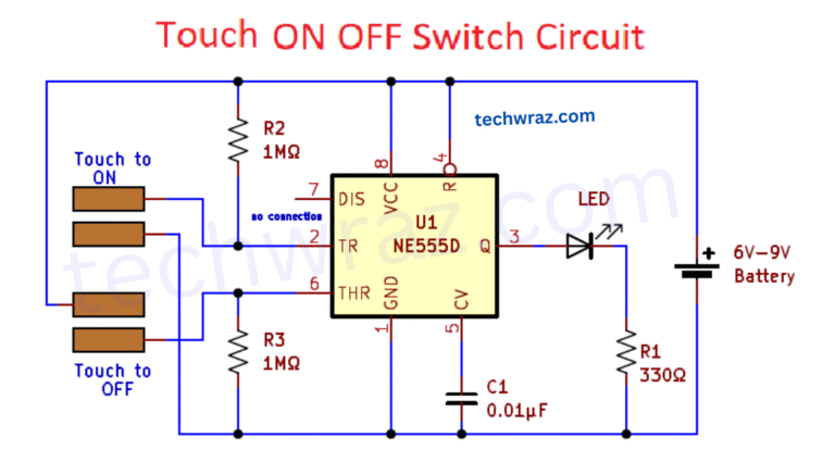 Touch lamp switch Circuit Using Timer IC 555